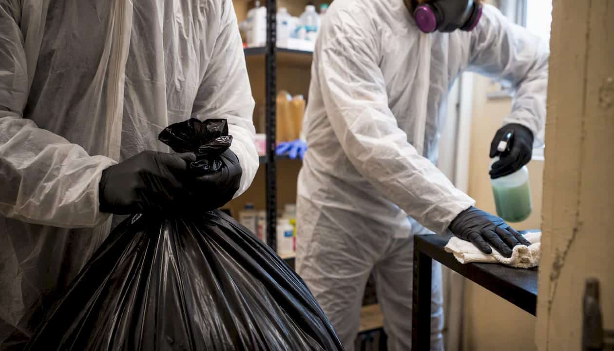 Protective team cleaning hazardous hoarder house debris