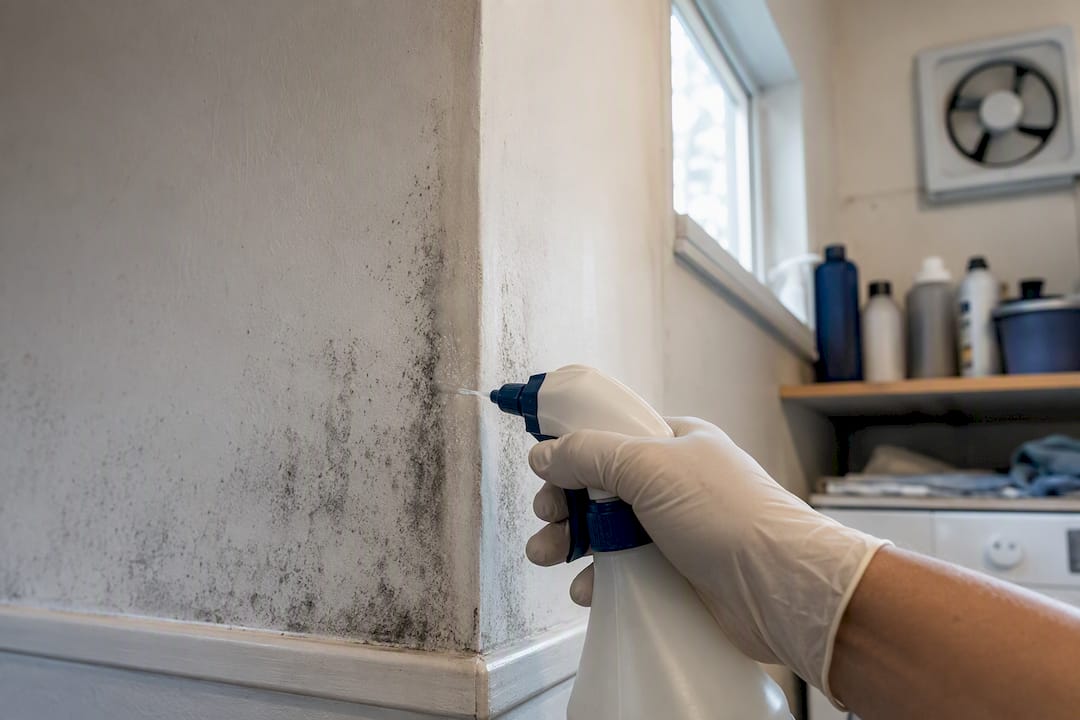 Gloved hand spraying mold treatment on wall