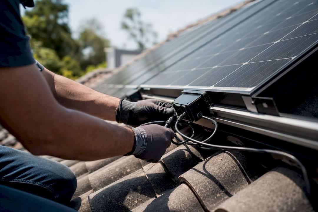 Technician hands inspecting solar wiring